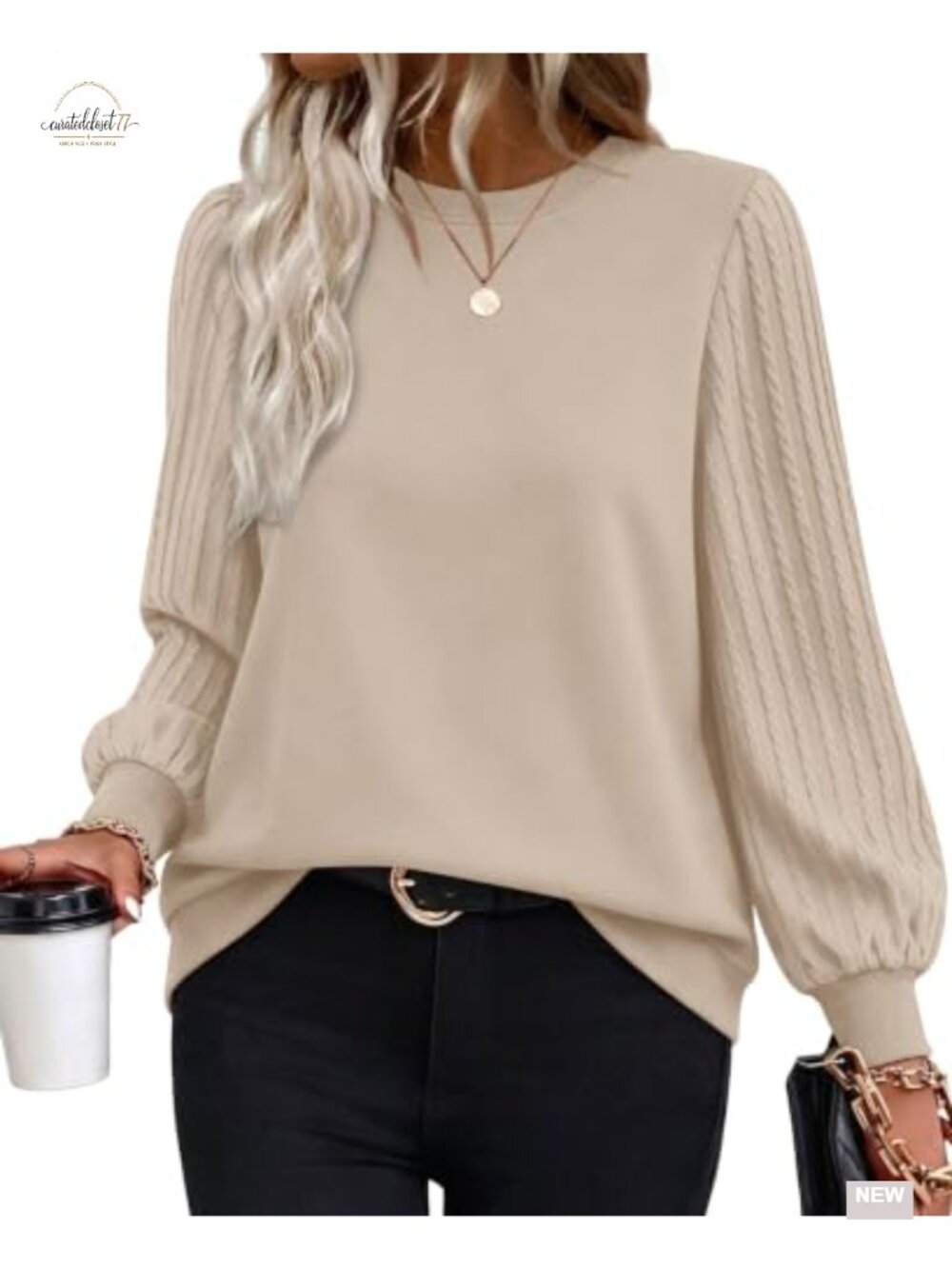 Oversized Crewneck Sweatshirt Cable Knit Lantern Sleeve Loose Fall Top